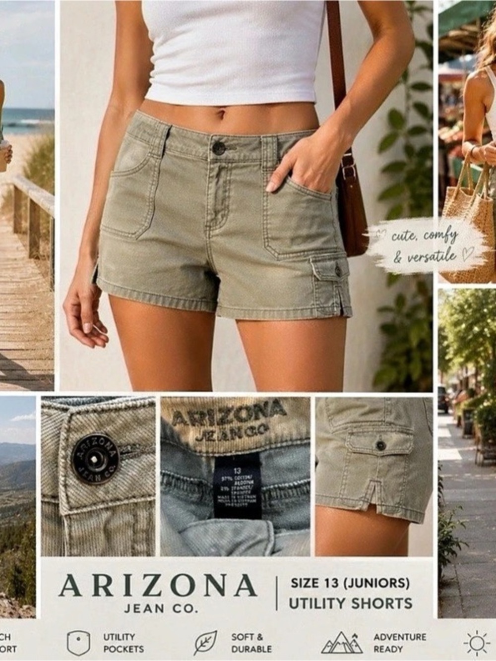 Arizona Jean Co Shorts Juniors 13 Khaki Utility Cargo Stretch Y2K Coastal Cargo